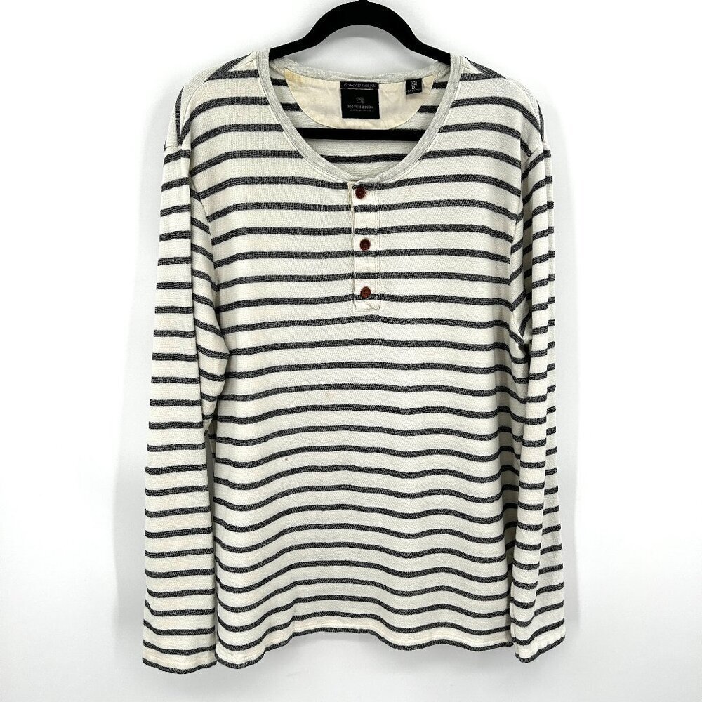 SCOTCH & SODA *Flawed* Men's Gray White Striped Long Sleeve Henley Shirt Size XL
